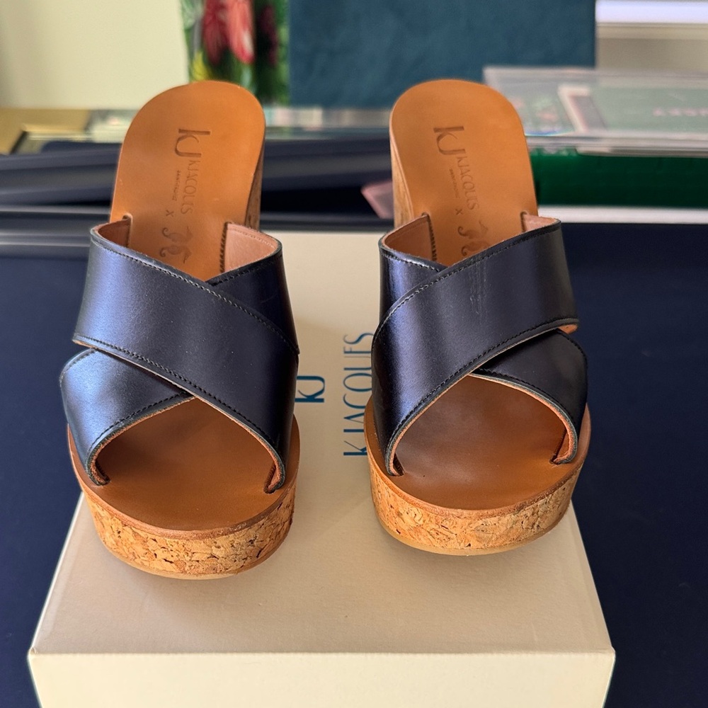K.Jacques Black Leather Mules with Cork Sole